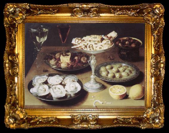 framed  Osias Beert Style life with oysters confectionery and fruits, ta009-2